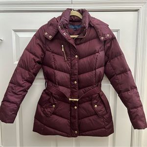 Cole Haan Down Jacket Puffer Coat Burgundy, with Belt Gold Buckle Hood Womens S